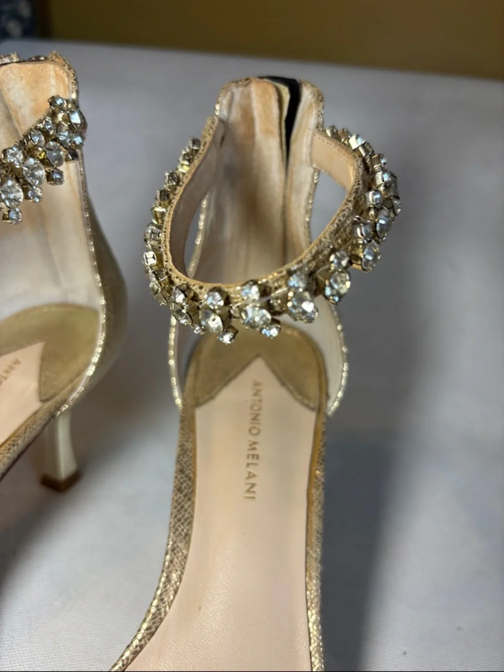 ANTONIO MELANI Gold Rhinestone Ankle-Strap Heels, size 7.5